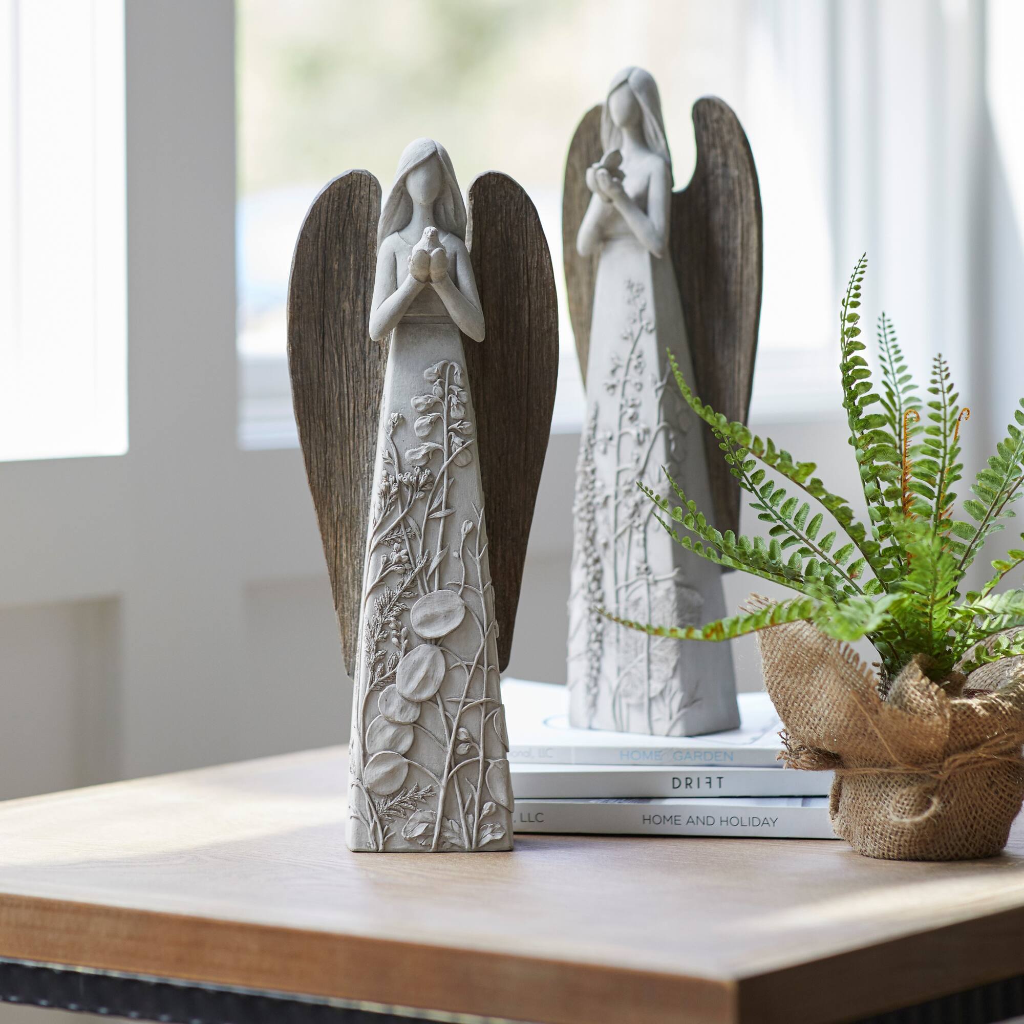 14" Floral Sculpted Angel with Wood Style Wings, 2ct.